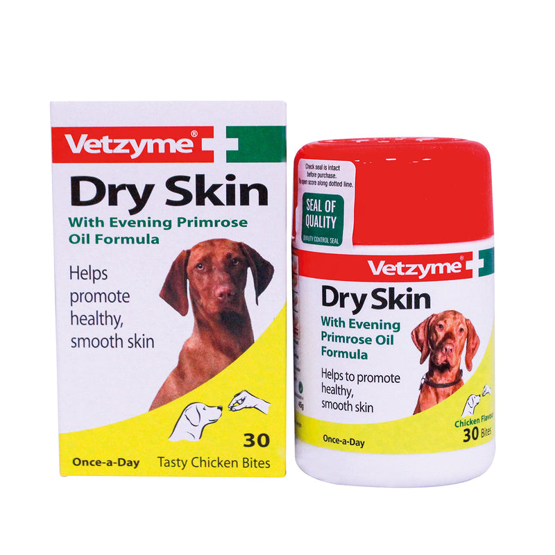 Vetzyme | Dry Skin Tablets for Dogs, Promotes Healthy & Smooth Skin | Tasty Chicken Treats with Evening Primrose Oil (30 Tablets) - PawsPlanet Australia