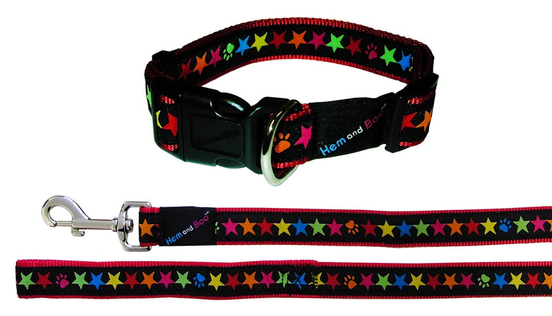 Hem and Boo Stars Black on Red Dog Collar and Lead 1" x 18-24"/2.5 x 45-60cm, 48"/120cm - PawsPlanet Australia