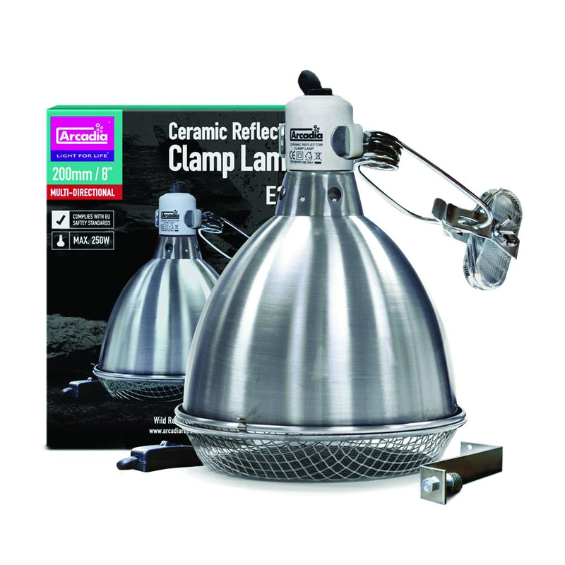 Arcadia Reptile - Reflector Clamp Lamp - Stainless Steel - Includes Ceramic Holder & Bolt Through Locking System, Safety Mesh, Viv Adapter & Hanging Wire - E27 – 8”/ 20cm - Easy To Fit - PawsPlanet Australia