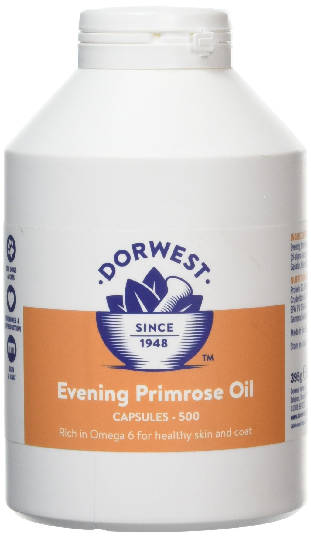 Dorwest Herbs Evening Primrose Oil Capsules for Dogs and Cats 500 Capsules 500 Tablets - PawsPlanet Australia