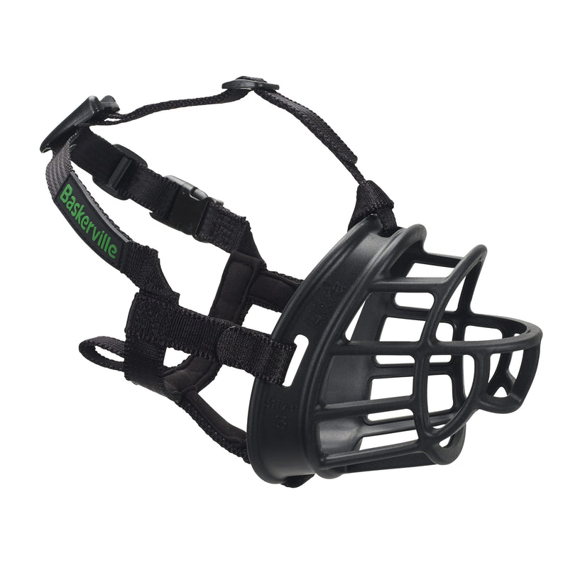 Safe BASKERVILLE ULTRA MUZZLE, Patented Humane Design, Breathable, Dog can Pant and Drink, Adjustable, Padded, Dog Training Muzzle for Small, Medium, Large Dogs, Prevents Biting, Wildlife Scavenging Black Size 1 - PawsPlanet Australia
