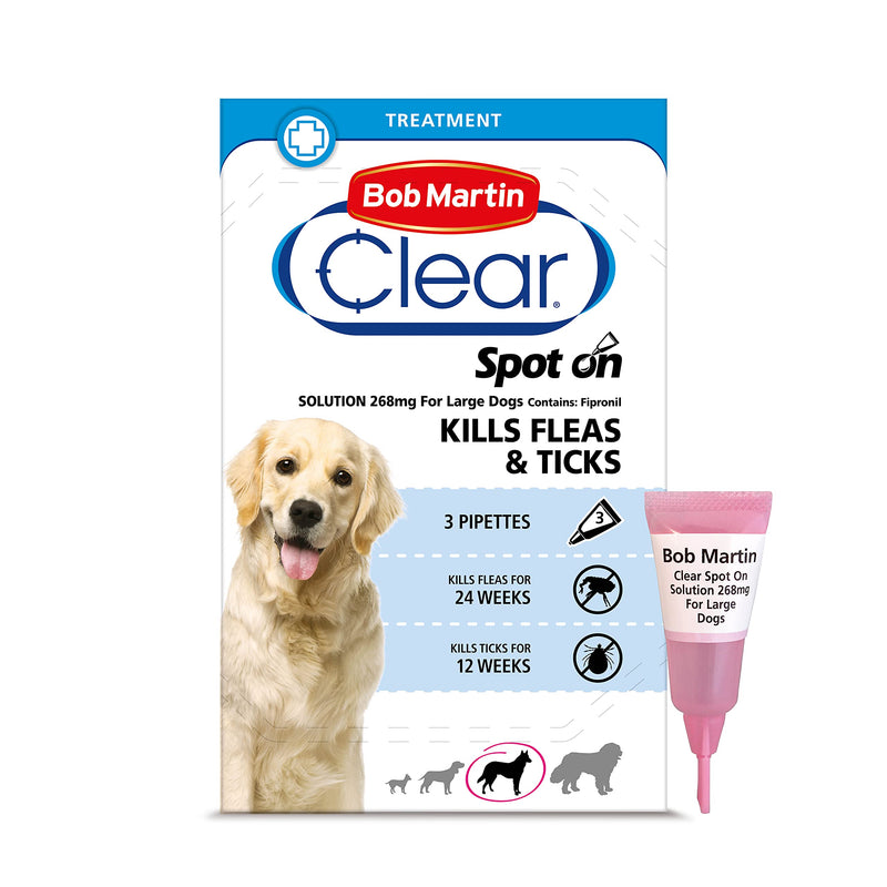 Bob Martin Clear | Spot On Flea Treatment for Large Dogs (20-40 kg) | Kills Fleas, Ticks & Lice | Fast Control, 24 Week Protection (3 Pipettes) Large Dog 3 Tubes - PawsPlanet Australia