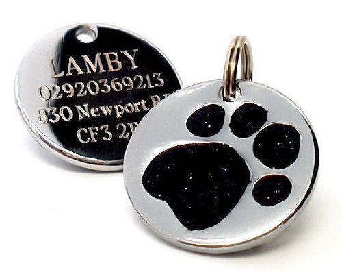Engraved 23mm Glitter Paw Print Dog Pet ID Tag Disc.TO LEAVE ENGRAVING DETAILS PLEASE READ PRODUCT DESCRIPTION LOWER DOWN THIS PAGE. (Black) Black - PawsPlanet Australia