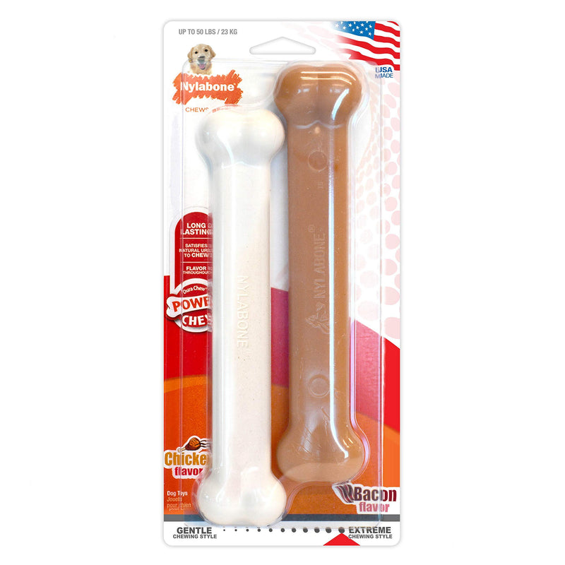 [Australia] - Nylabone Twin Pack Power Chew Flavored Durable Dog Chew Toys Bacon & Chicken Large/Giant - Up to 50 lbs. 