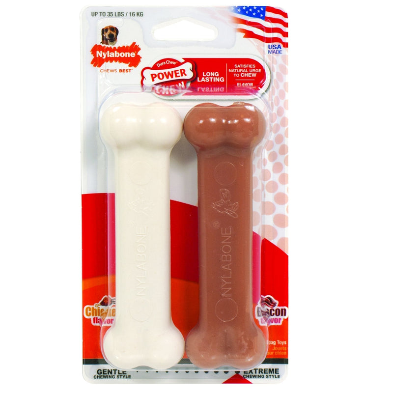 Nylabone 2 x Dura Chew Extreme Tough Dog Chew Toy Bones, 1 Bacon & 1 Chicken, Medium, For Dogs Up To 16 kg - PawsPlanet Australia