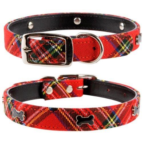 Pet Palace® RED Tartan Plaid Scottie Dog Leather Luxury SMALL Dog Puppy Collar for Dogs Proud of their Heritage Length 40cm Width 1.5cm Thickness 0.4cm - PawsPlanet Australia