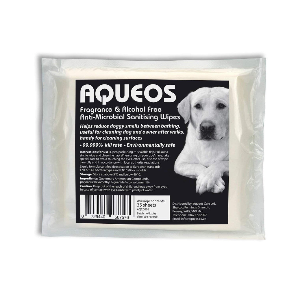 Aqueos Disinfectant Dog Wipes | Antibacterial, Antiviral, Antifungal | Dogs Coat | Collars & Leads | Ears, Face & Paws | No fragrance | Sensitive Dogs | Pack of 35 - PawsPlanet Australia