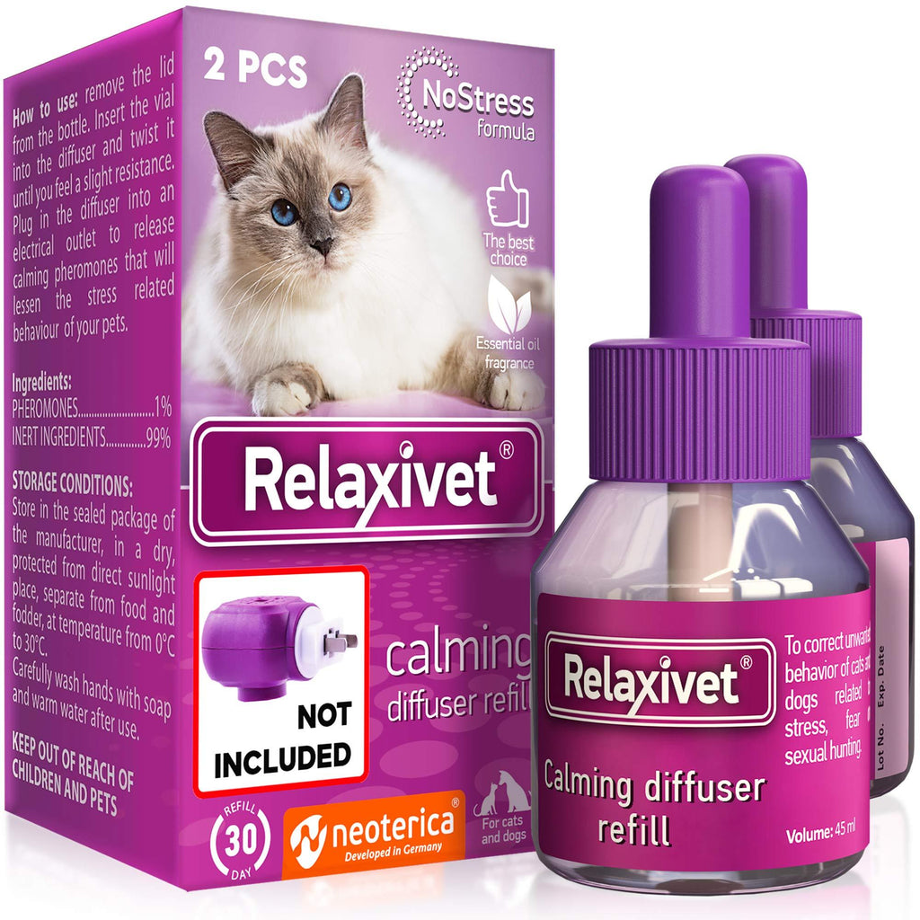 Relaxivet Natural Cat Calming Pheromone Diffuser - Improved No-Stress Formula - Anti-Anxiety Treatment #1 for Cats and Dogs with a Long-Lasting Calming Effect (2 Refill) (2 Refill (Diffuser not Include) - PawsPlanet Australia