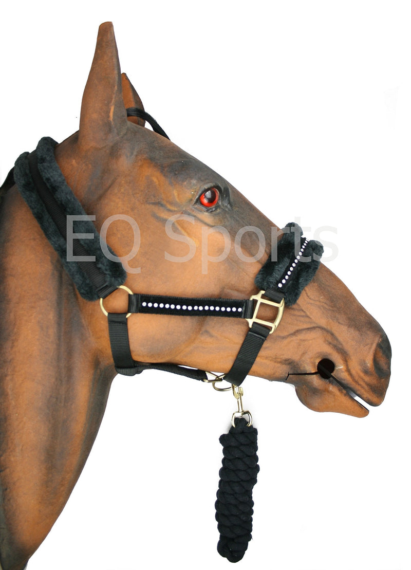 Knight Rider Fluffy Diamante Headcollar & Matching Lead Rope Black Small Pony - PawsPlanet Australia