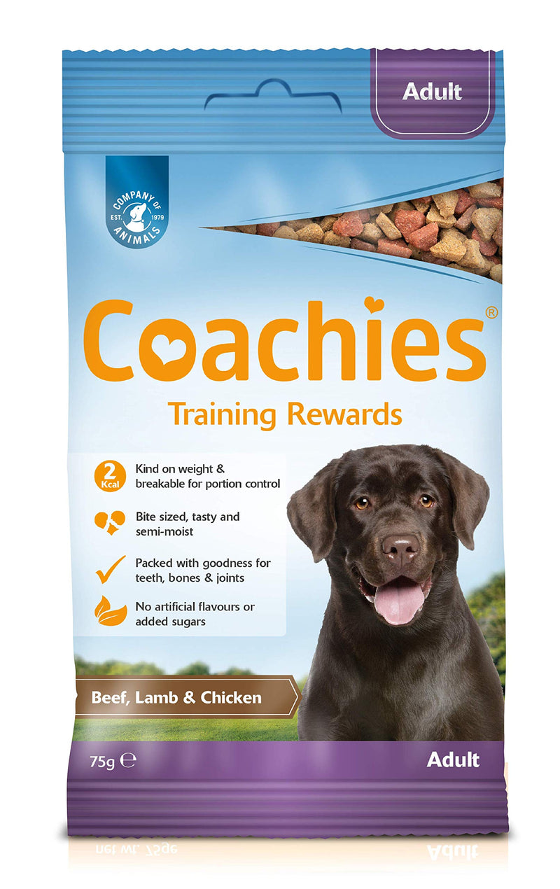 COACHIES Adult Training Treats 75g, Beef, Lamb & Chicken Flavour, Semi-Moist Low Calorie Dog Training Treat, Contains Vitamins, Minerals & Calcium, Suitable Puppy Treats from 8 weeks 75 g (Pack of 1) - PawsPlanet Australia