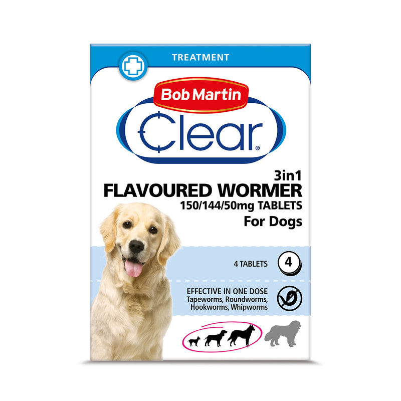 Bob Martin Clear | 3 in 1 Wormer Tablets for Small, Medium & Large Dogs (up to 40 kg) | Clinically Proven Treatment (4 Tablets) 4 Tablets - PawsPlanet Australia