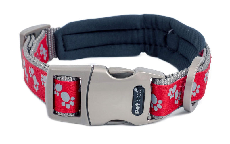 Petface Signature Padded Dog Collar, Medium, Red With Grey Paws - PawsPlanet Australia