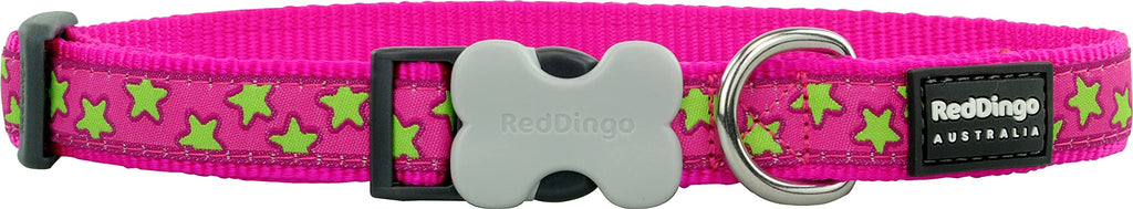 Red Dingo Stars Patterned Dog Collar, Medium, 20 mm x 31 - 47 cm, Hot Pink/ Lime Green M - PawsPlanet Australia