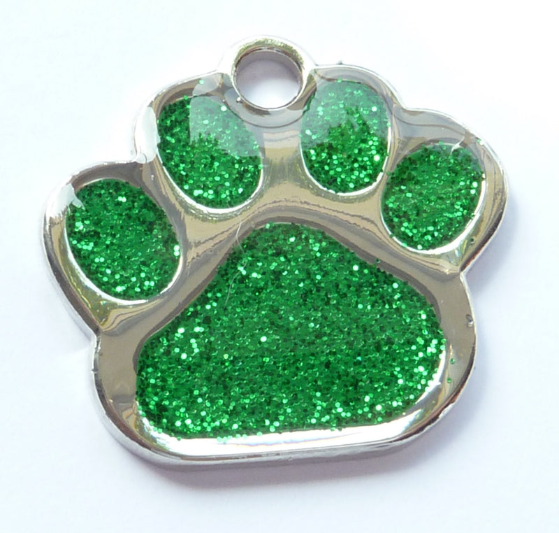 Engraved 27mm GREEN GLITTER PAW PRINT Pet ID Tag - ENGRAVED & POSTED FREE by M&K Supplies. Cat Dog Shape Design Identity Gift - PawsPlanet Australia