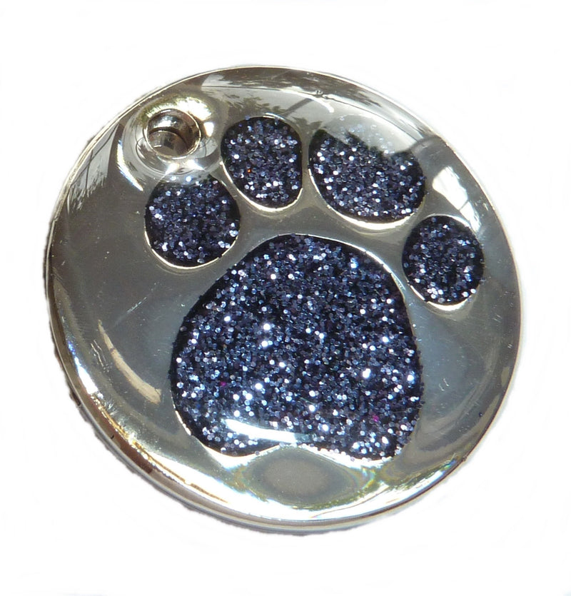 Engraved 25mm BLACK GLITTER PAW Pet ID Tag - ENGRAVED & POSTED FREE by M&K Supplies. Cat Dog Print Shape Design Identity Gift Round Disc - PawsPlanet Australia