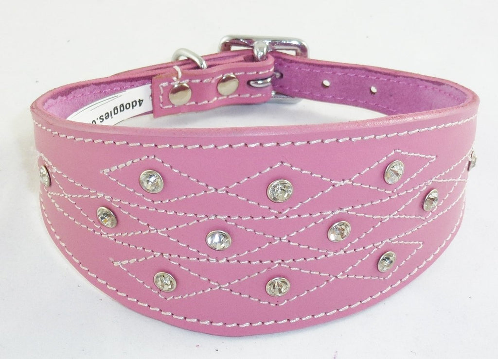 14-17 Inch Pink Greyhound Leather Collar Diamante Stiching Design 14-17 inch - PawsPlanet Australia
