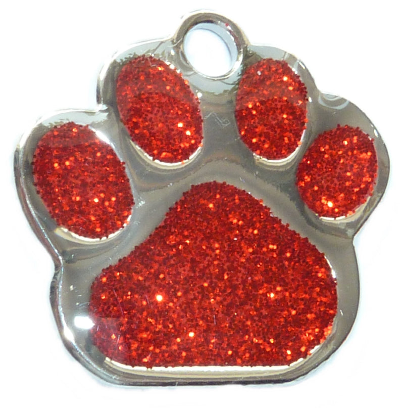 Engraved 27mm RED GLITTER PAW PRINT Pet ID Tag - ENGRAVED & POSTED FREE by M&K Supplies. Cat Dog Shape Design Identity Gift - PawsPlanet Australia