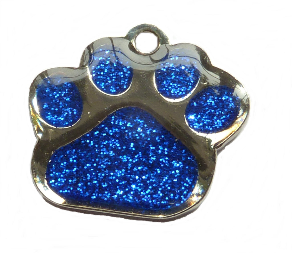 Engraved 27mm DARK BLUE GLITTER PAW PRINT Pet ID Tag - ENGRAVED & POSTED FREE by M&K Supplies. Cat Dog Shape Design Identity Gift - PawsPlanet Australia