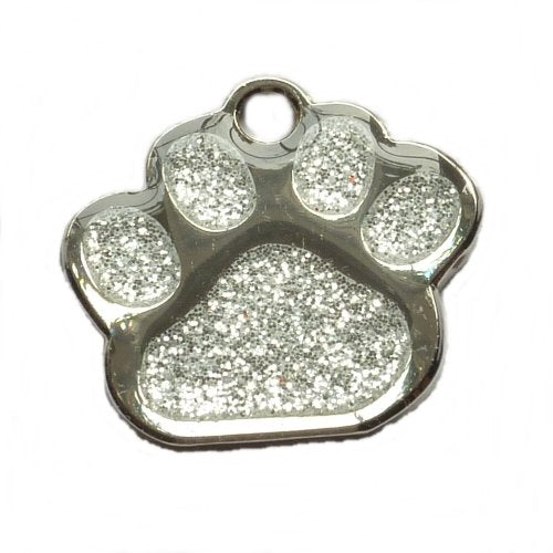 Engraved 27mm SILVER GLITTER PAW PRINT Pet ID Tag - ENGRAVED & POSTED FREE by M&K Supplies. Cat Dog Shape Design Identity Gift - PawsPlanet Australia
