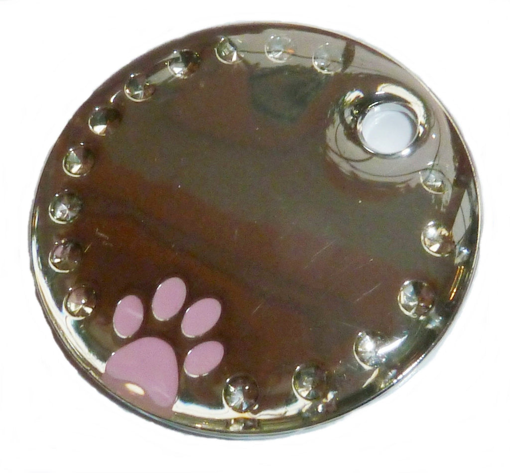 Engraved 30mm Round CRYSTAL and PINK PAW Pet ID Bag Luggage Tag - ENGRAVED & POSTED FREE by M&K Supplies. Cat Dog Identity Gift Shape Design - PawsPlanet Australia