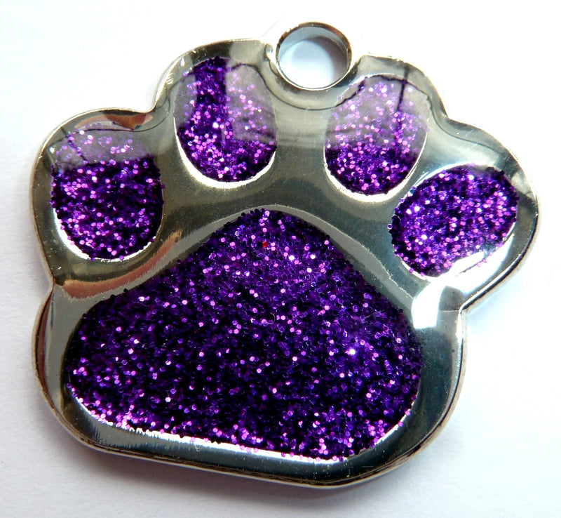 Engraved 27mm PURPLE GLITTER PAW PRINT Pet ID Tag - ENGRAVED & POSTED FREE by M&K Supplies. Cat Dog Shape Design Identity Gift - PawsPlanet Australia