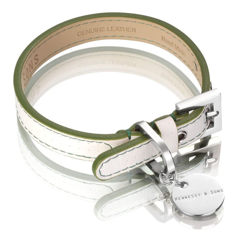 Hennessy & Sons Hand Made Perforated Calf Leather Polo Club Dog Collar with Green Sides, 38 - 46 x 2.2 x 0.3 cm, 66 g, White White/Green Large ( 38cm - 46cm / 15-18.5 inches) - PawsPlanet Australia