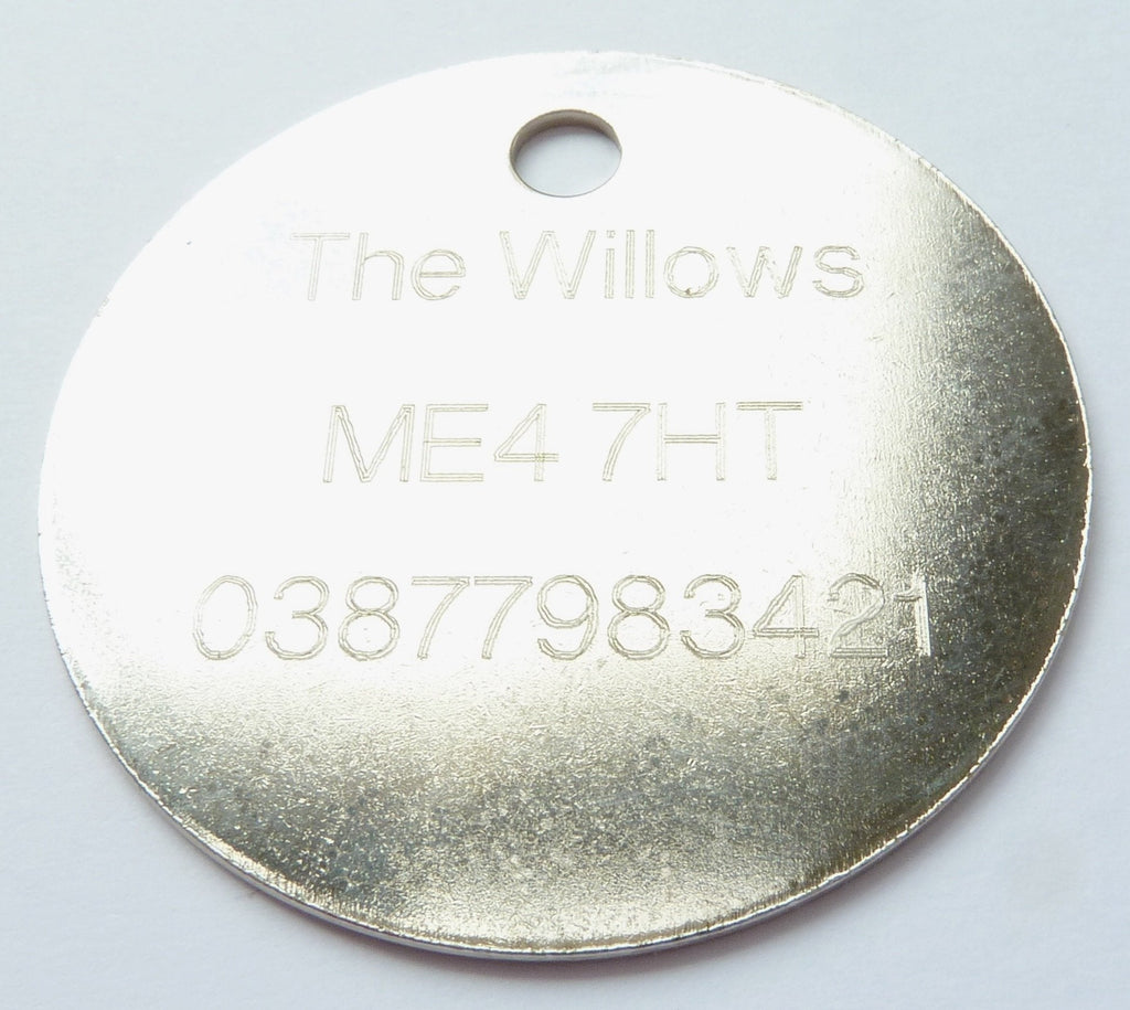 Engraved 32mm Round NICKEL Pet Cat Dog Pony Luggage ID Identity Tag Disc - Personalised FREE ENGRAVING, Ring and POSTAGE - IN STOCK and Supplied by M&K Supplies - PawsPlanet Australia
