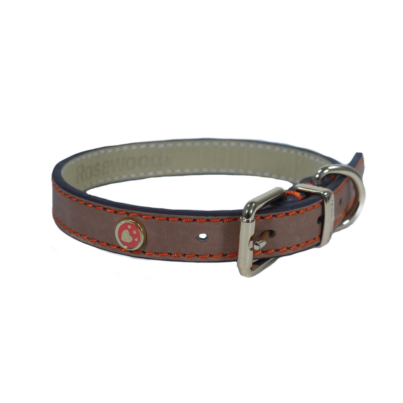 Rosewood Luxury Leather Dog Collar, 10 - 14-inch, Brown - PawsPlanet Australia