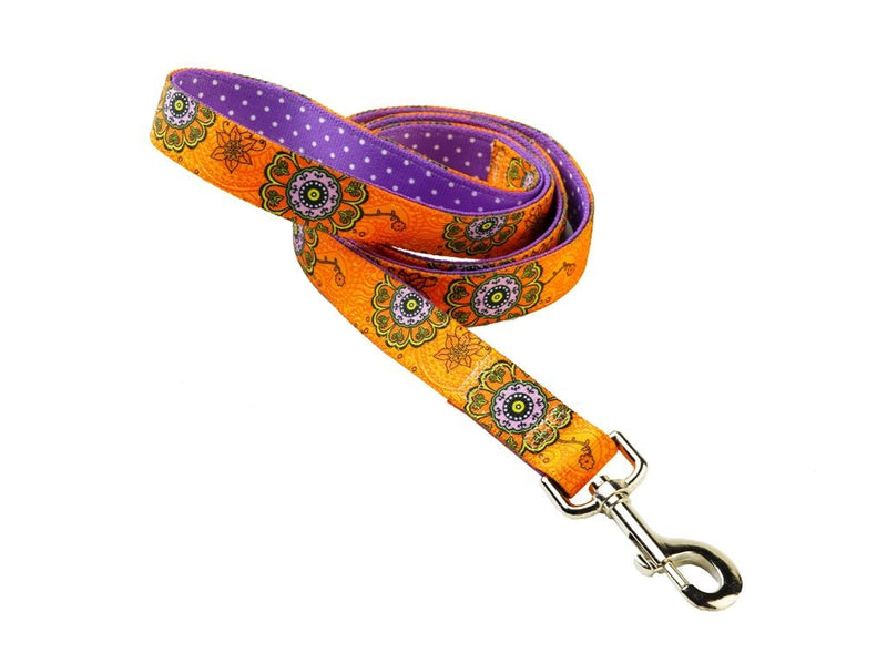 Yellow Dog Design Uptown Folk Flowers on Polka Dot Dog Lead, 3/4-inch, Purple Folk Flower Collar 3/4 x 48 Inches - PawsPlanet Australia