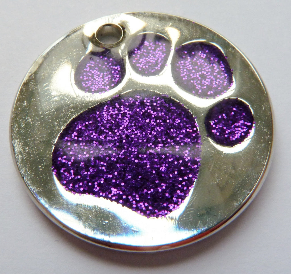 Engraved 25mm Purple GLITTER PAW Pet ID Tag - ENGRAVED & POSTED FREE by M&K Supplies. Cat Dog Print Shape Design Identity Gift Round Disc - PawsPlanet Australia