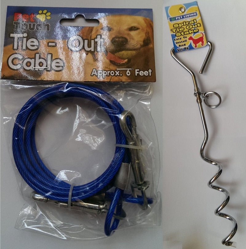 Dog 6ft Garden Tie Out Cable Pet Lead Strong Wire with Spiral Ground Stake Spike (Blue) Blue - PawsPlanet Australia