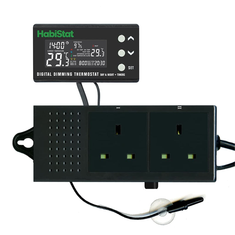 Habistat - Digital Dimming Thermostat - Day And Night Timer - Waterproof - 3 Metre Long Sensor - Adjustable Alarm - Perfect For Reptile Encourages - 600 Watt - PawsPlanet Australia