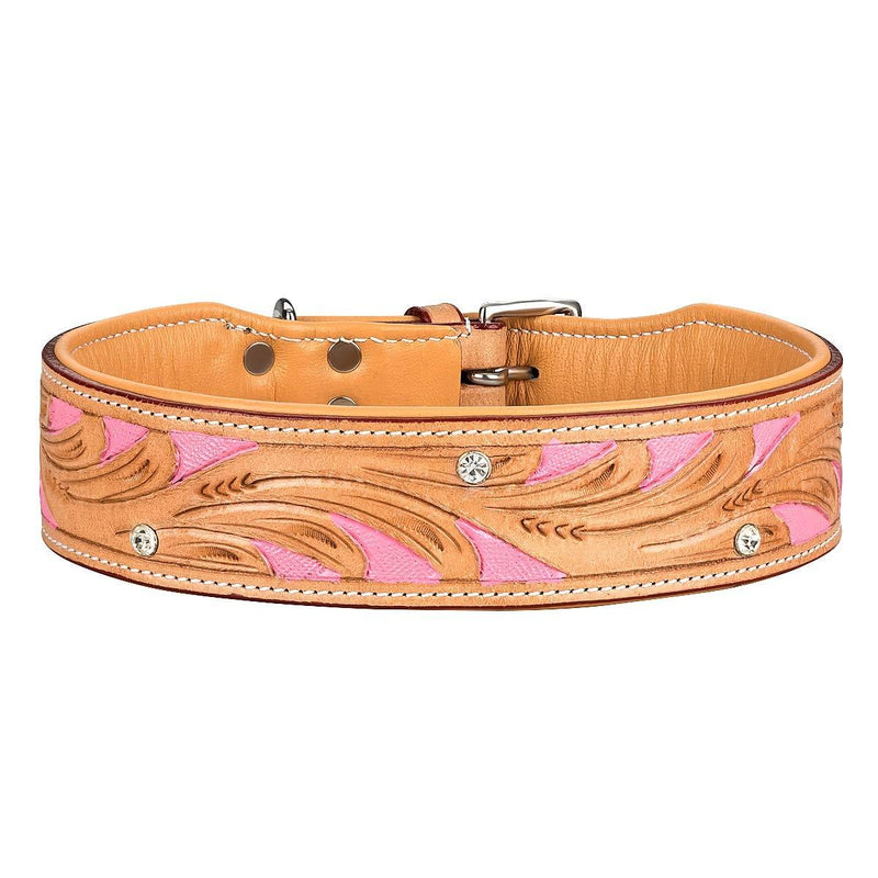 MICHUR Pinklady Dog Collar Leather, Leather Collar Dog, Collar, LEATHER, BEIGE, Caramel, Brown, PINK, WITH PUNCHINGS and Rhinestones Neck circumference 22.05-25.04" - PawsPlanet Australia