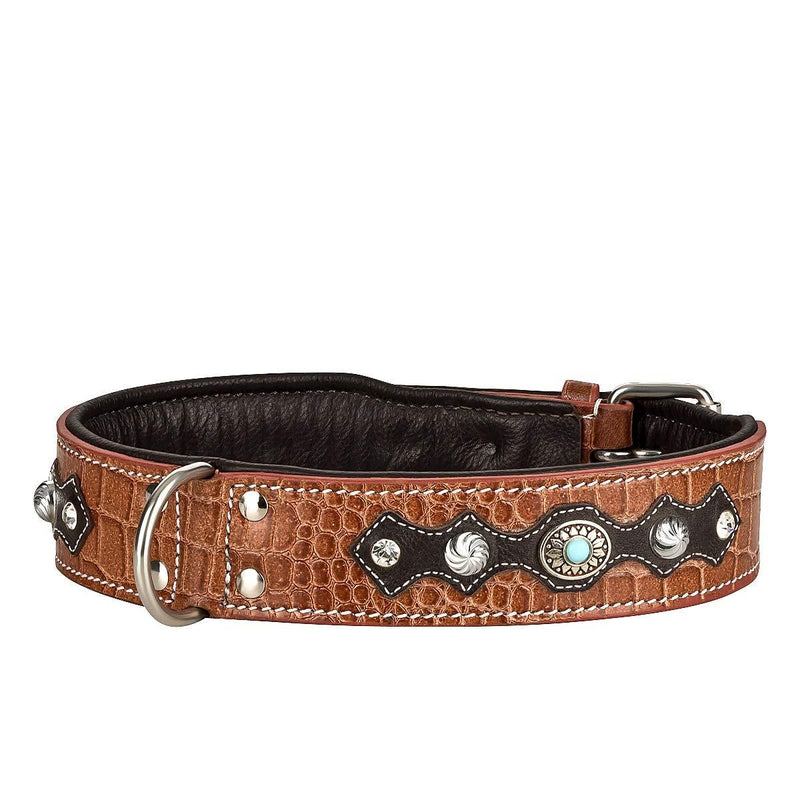 MICHUR LAKOTA Leather Dog Collar, Dog Collar, BROWN, LEATHER, BLUE STONES WITH ROUND RIVETS Neck circumference 24.02-26.97" - PawsPlanet Australia