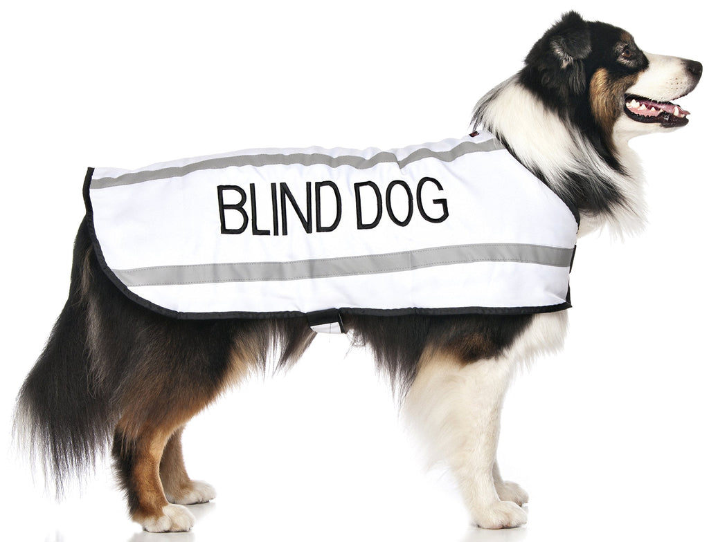 BLIND DOG (Dog Has Limited/No Sight) White Colour Coded S M L Reflective Waterproof Fleece Lined Warm Dog Coats PREVENTS Accidents By Warning Others Of Your Dog In Advance (M-L) Medium Coat - PawsPlanet Australia