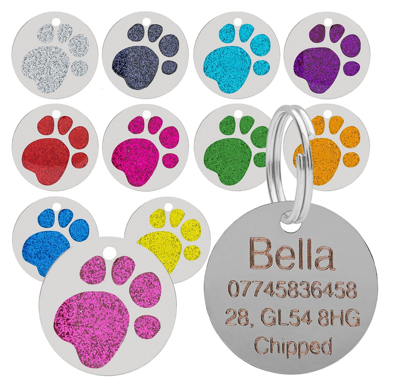 Quality Purple 25mm Glitter Paw Design Pet Id Tag, Dog, Cat, Free Engraving and P&P - PawsPlanet Australia