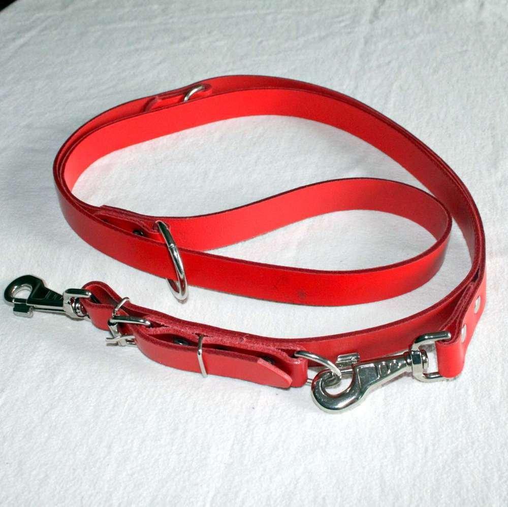 Leather Dog Lead 20mm Wide, 220 cm Long, Adjustable in 3 Positions, Colour: Red - PawsPlanet Australia