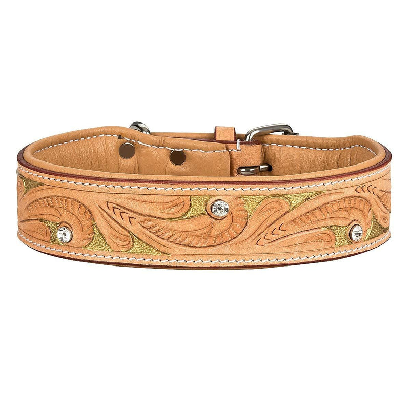 MICHUR GOLDENEYE,dog collar, leather collar, beige leather with golden press cuts and white rinestones - GERMAN BRANDNAME QUALITY!!! neck size: 16.1-19.2" (41-49cm) Total length: 21.6" (55cm) Neck circumference 16.14-19.29" - PawsPlanet Australia