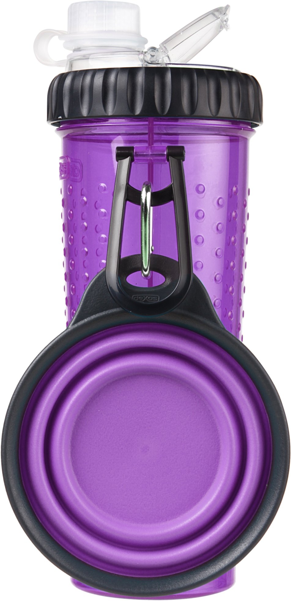 Dexas Popware for Pets Snack Duo Dual Chambered Hydration Bottle and Snack Container with Collapsible Pet Cup, Purple - PawsPlanet Australia