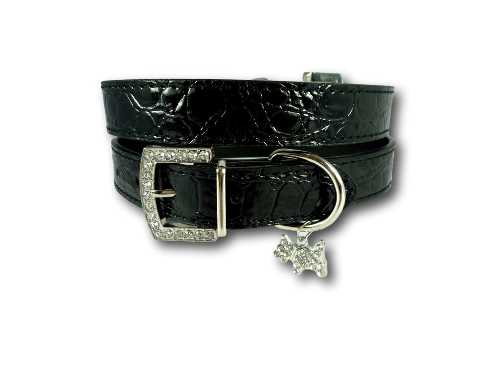Cara Mia Dogwear Crocodile PU Leather Collar with Dog Charm (Black, Medium) Black - PawsPlanet Australia
