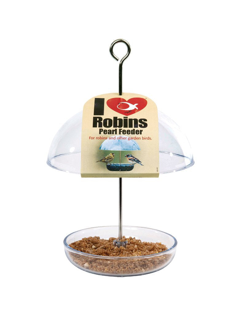 Clear Hanging Bird Feeder - I Love Robins Pearl Feeder with 15cm rain dome - attracts small garden birds. Fill with birdseed or mealworms 1 Clear - PawsPlanet Australia