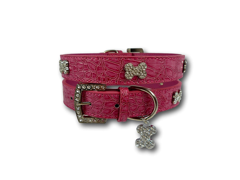 Cara Mia Dogwear Pink Crocodile PU Leather Diamante Bone Collar with Bone Charm (Small) Small - PawsPlanet Australia