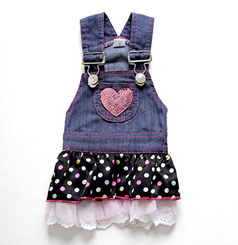 SMALLLEE_LUCKY_STORE Small Dog Dress Female Denim Overalls Vest Dots Print Lace Skirt Tiered Heart Shaped Pet Clothes XS Blue - PawsPlanet Australia