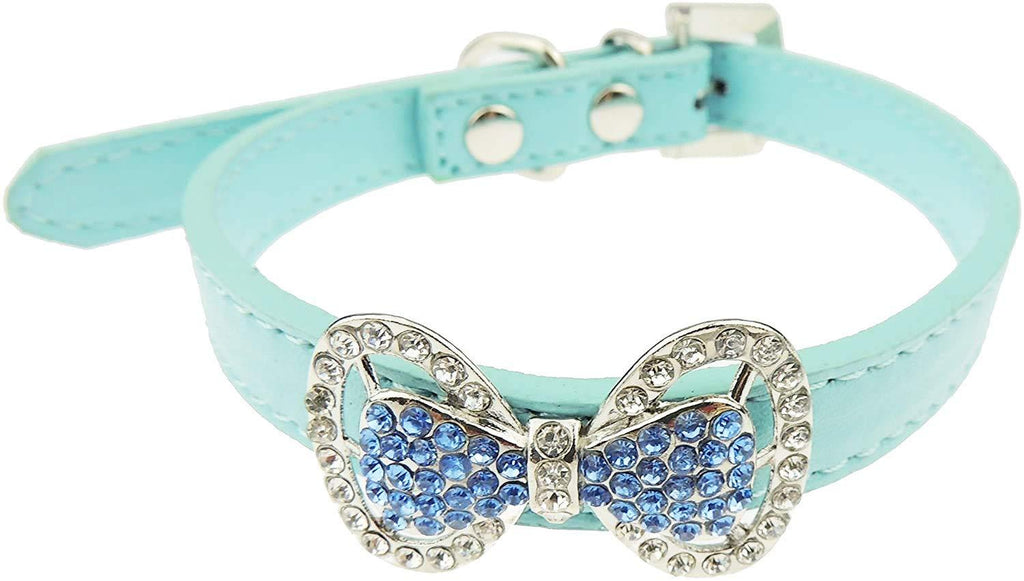 Sparkly Diamante Bow Edged Leather Look Cat Dog Princess Collar Small Blue - PawsPlanet Australia