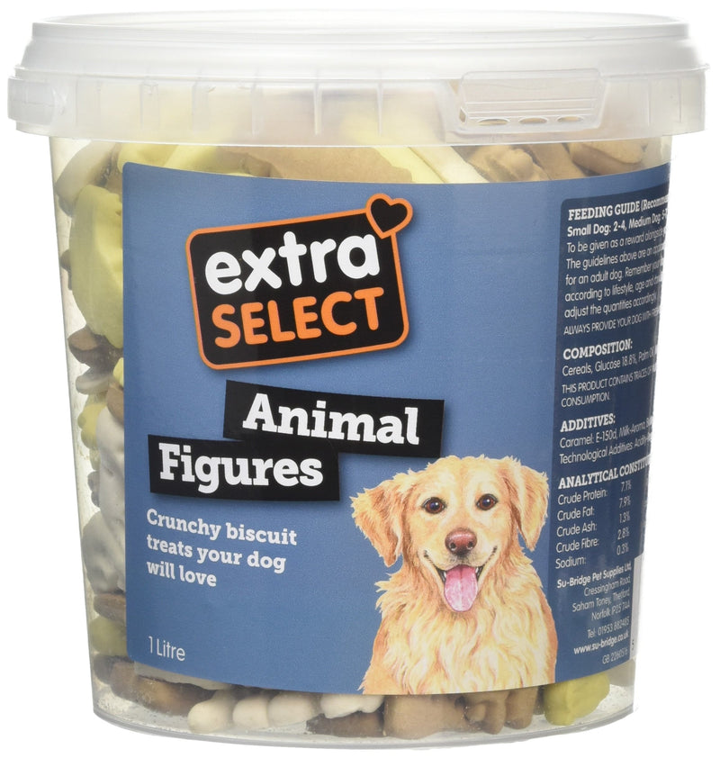 Extra Select 3 Colour Animal Figure Dog Treat Biscuits in a 1ltr Bucket (approx 130 biscuits) 1 l (Pack of 1) - PawsPlanet Australia