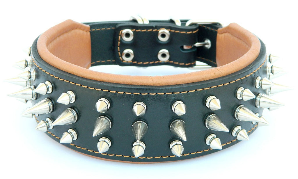 'Bestia "Danger Real Leather Dog Collar with Screw Tips and Leather Inner Padding Passfit. Size Medium = 42.5 to 50 cm Neck Circumference 6.5 cm Wide. Top Quality. Pit Bull Staffy, Bulldog, Rottweiler, Mastiff Dogo – Terrier Show Collar. European Made. - PawsPlanet Australia