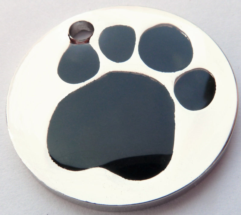 BEAUTIFUL Engraved 25mm POLISHED BLACK Paw Print Pet ID Tag- In Stock and Supplied by M&K Supplies - PawsPlanet Australia