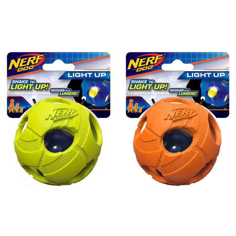 Nerf Dog Soccer Ball Dog Toy with Interactive LED, Lightweight, Durable and Water Resistant, 3.5 Inches, For Medium/Large Breeds, Two Pack, Green and Orange - PawsPlanet Australia