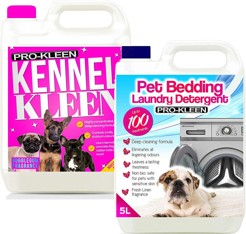 Pro-Kleen Kennel Kleen Cleaner & Deodoriser (Bubblegum Fragrance) - 5 Litres and 5 Litre Pet Bedding Laundry Detergent, Eliminates Pet Odours, Non- Bio, Anti-Bacterial - PawsPlanet Australia