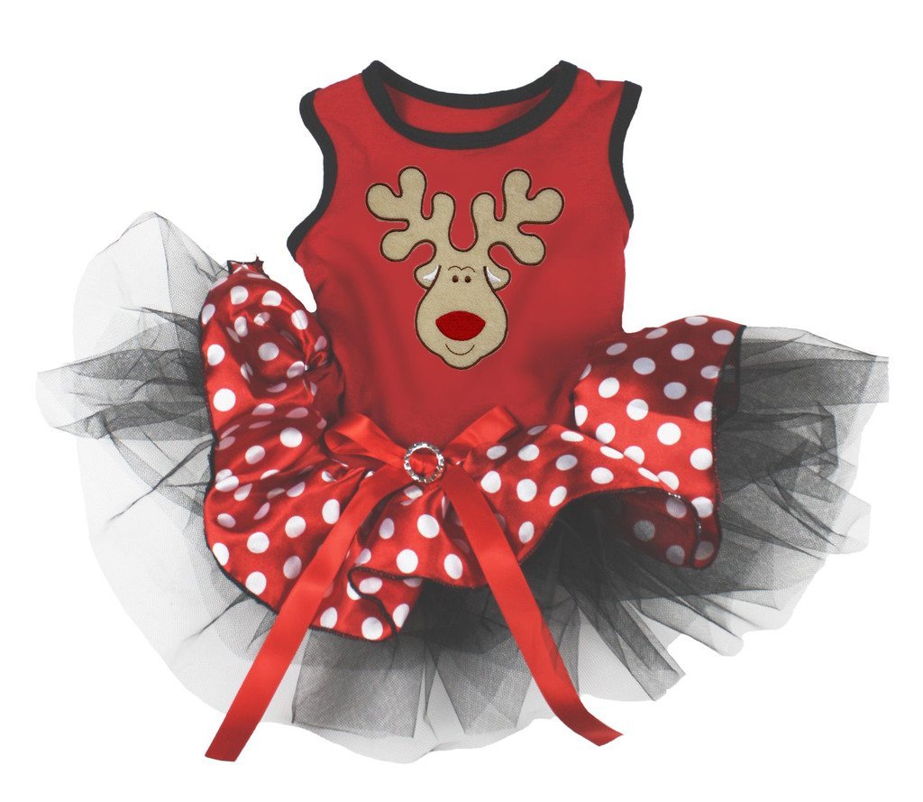 Petitebelle Reindeer Face Puppy Dog Dress (Red/Red Polka Dots, Medium) Red/Red Polka Dots M - PawsPlanet Australia